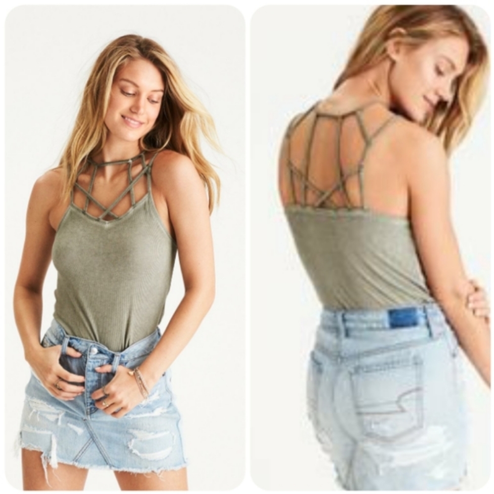 AEO Sage Ribbed Soft & Sexy Ribbed Caged Tank